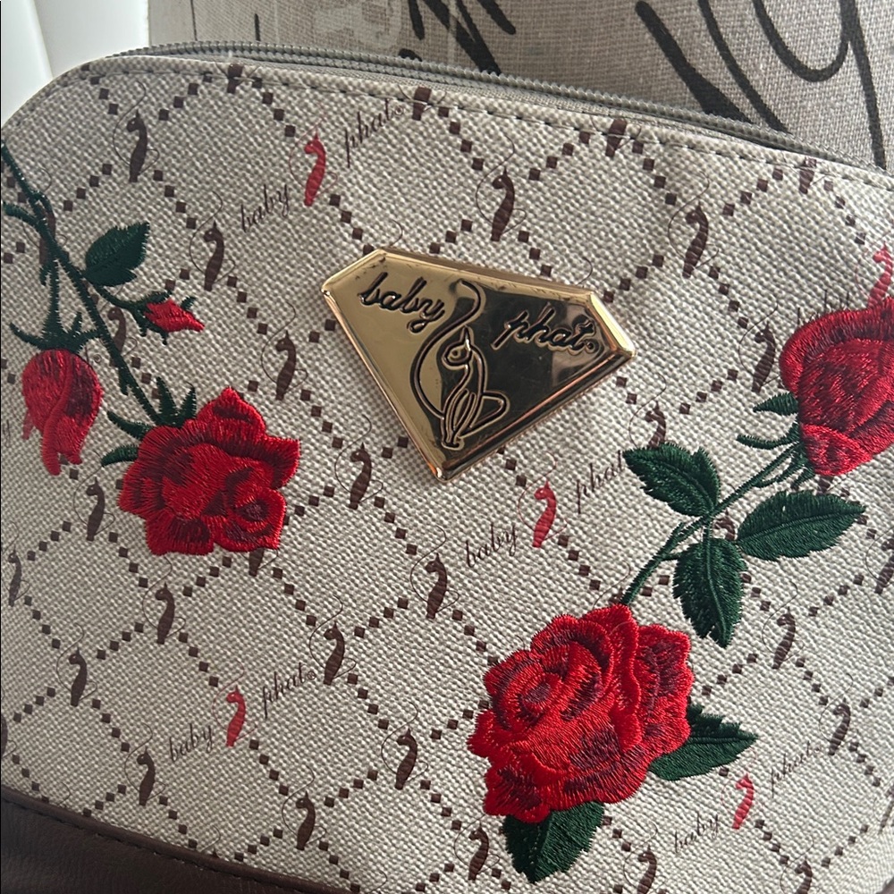 Baby Phat Beige and Brown Crossbody Bag with Red Floral Design - Picture 2 of 7